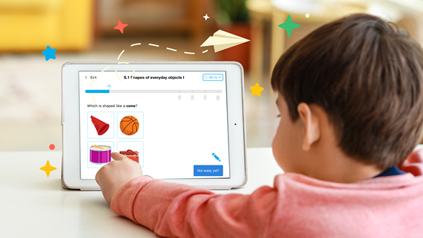 A child selecting an answer to an IXL question on an iPad.
